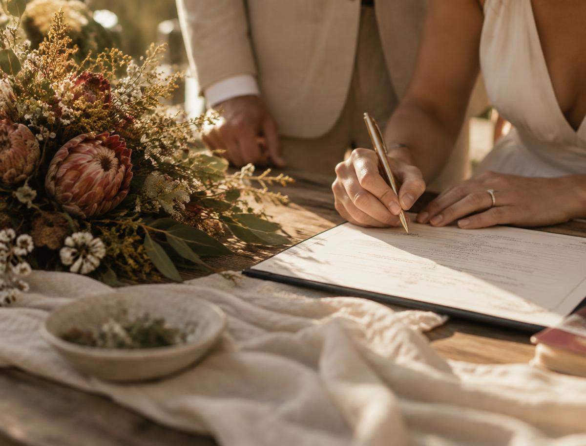 Signing the ceremony paperwork beside a bouquet