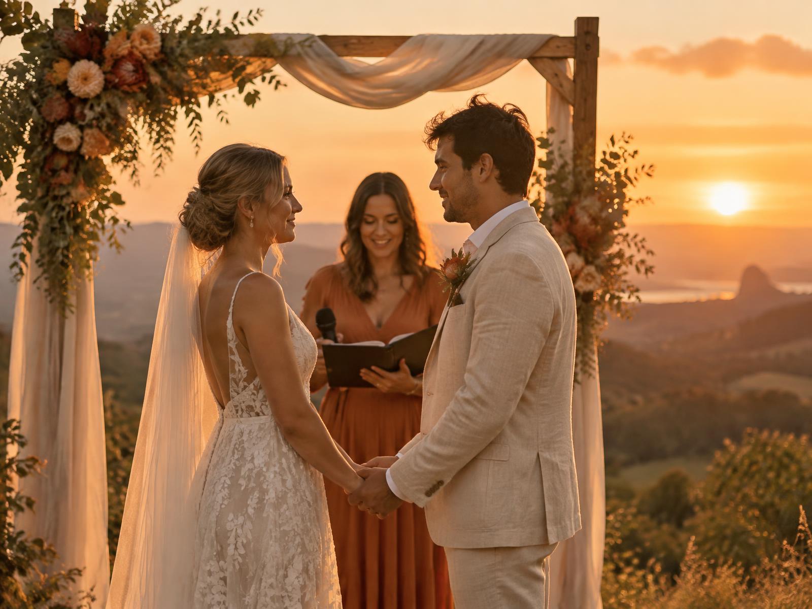 A celebrant marrying a couple at golden hour